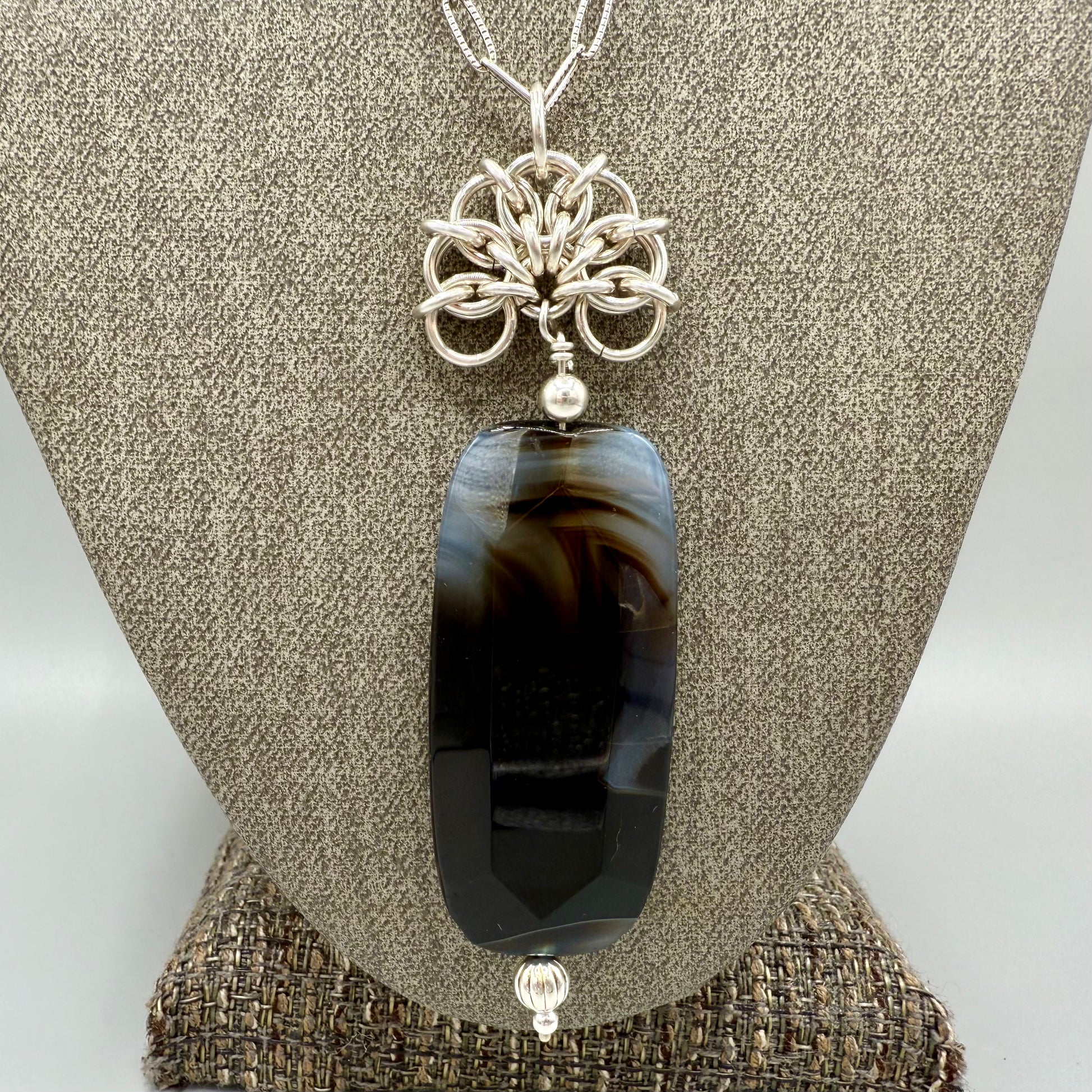Black Dyed Agate Chainmaille Sterling Silver Necklace