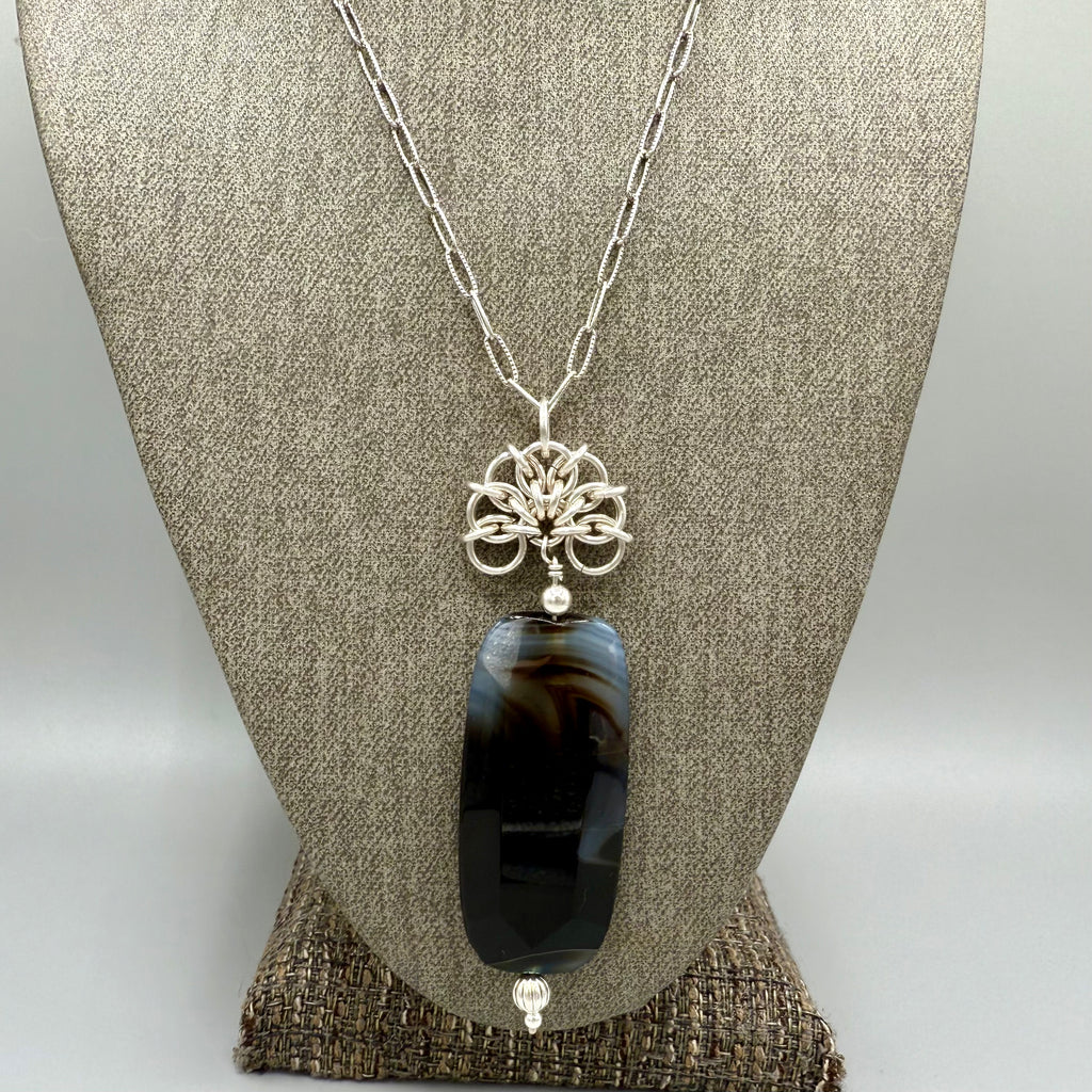 Black Dyed Agate Chainmaille Sterling Silver Necklace