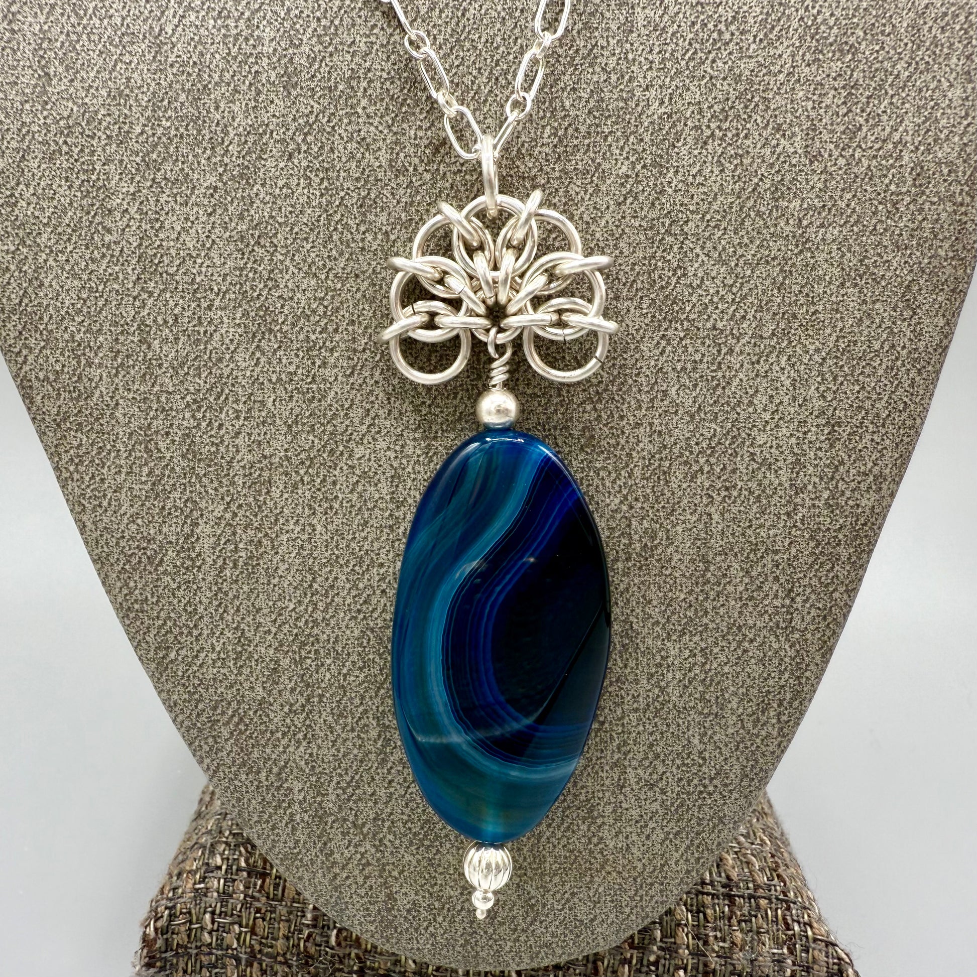 Blue Dyed Agate Chainmaille Sterling Silver Necklace