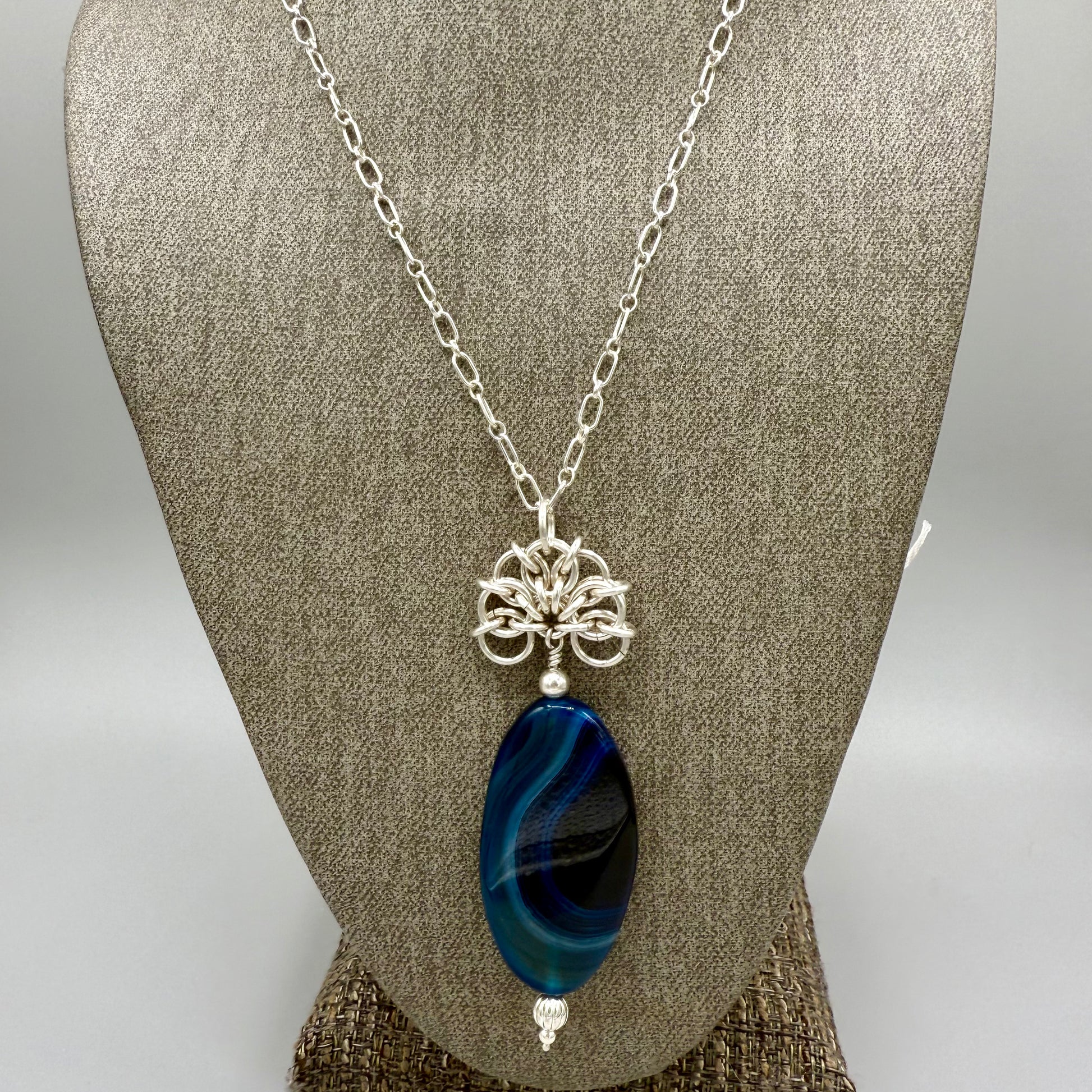 Blue Dyed Agate Chainmaille Sterling Silver Necklace