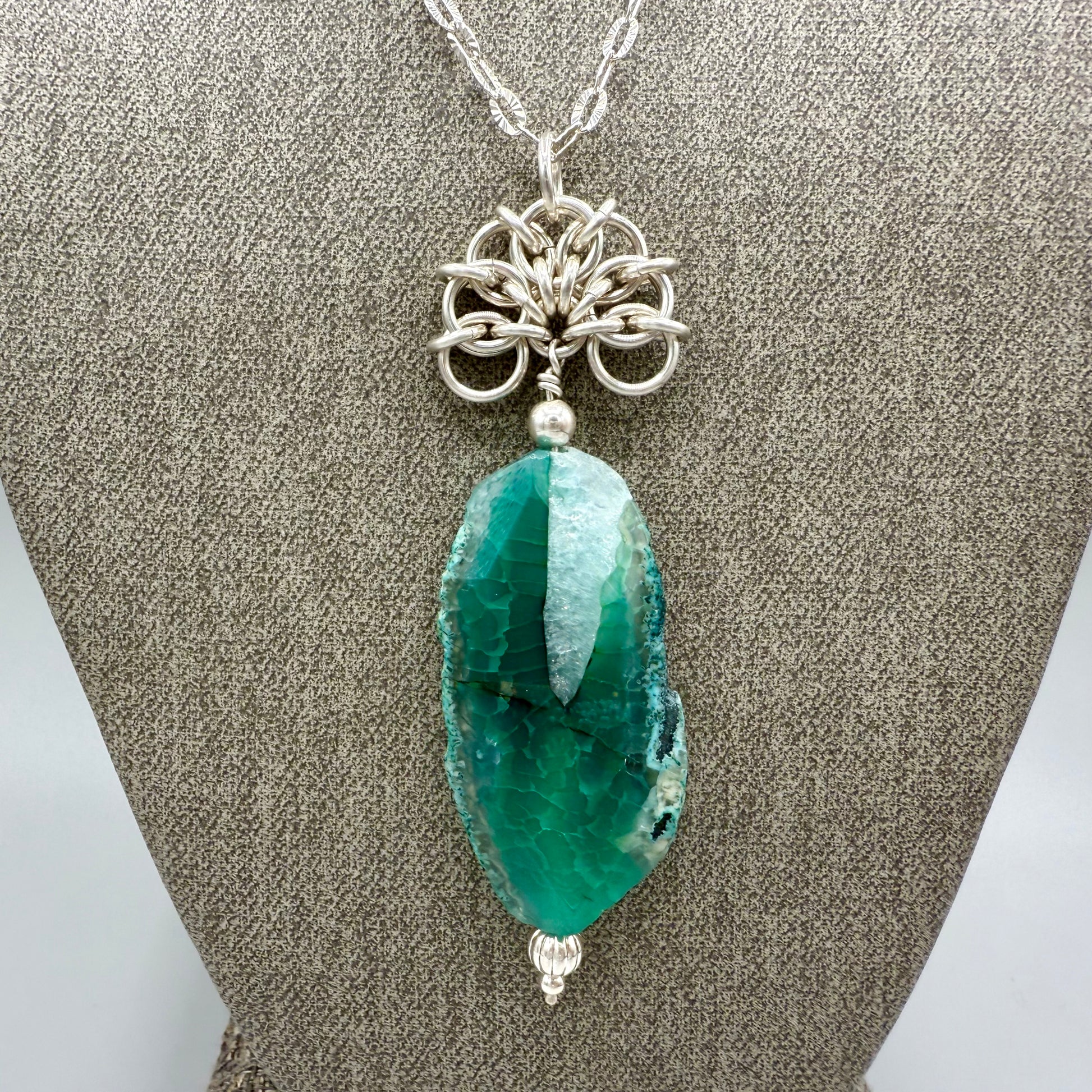 Green Dyed Agate Chainmaille Sterling Silver Necklace