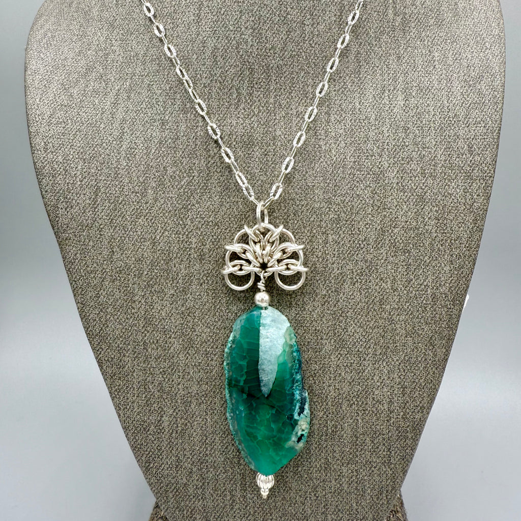 Green Dyed Agate Chainmaille Sterling Silver Necklace