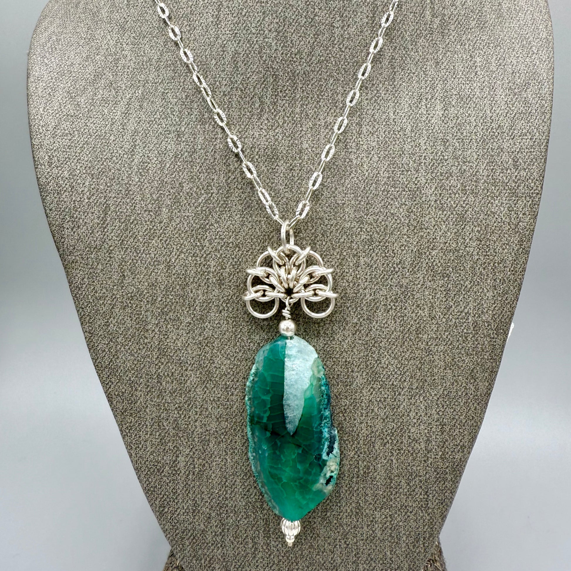 Green Dyed Agate Chainmaille Sterling Silver Necklace