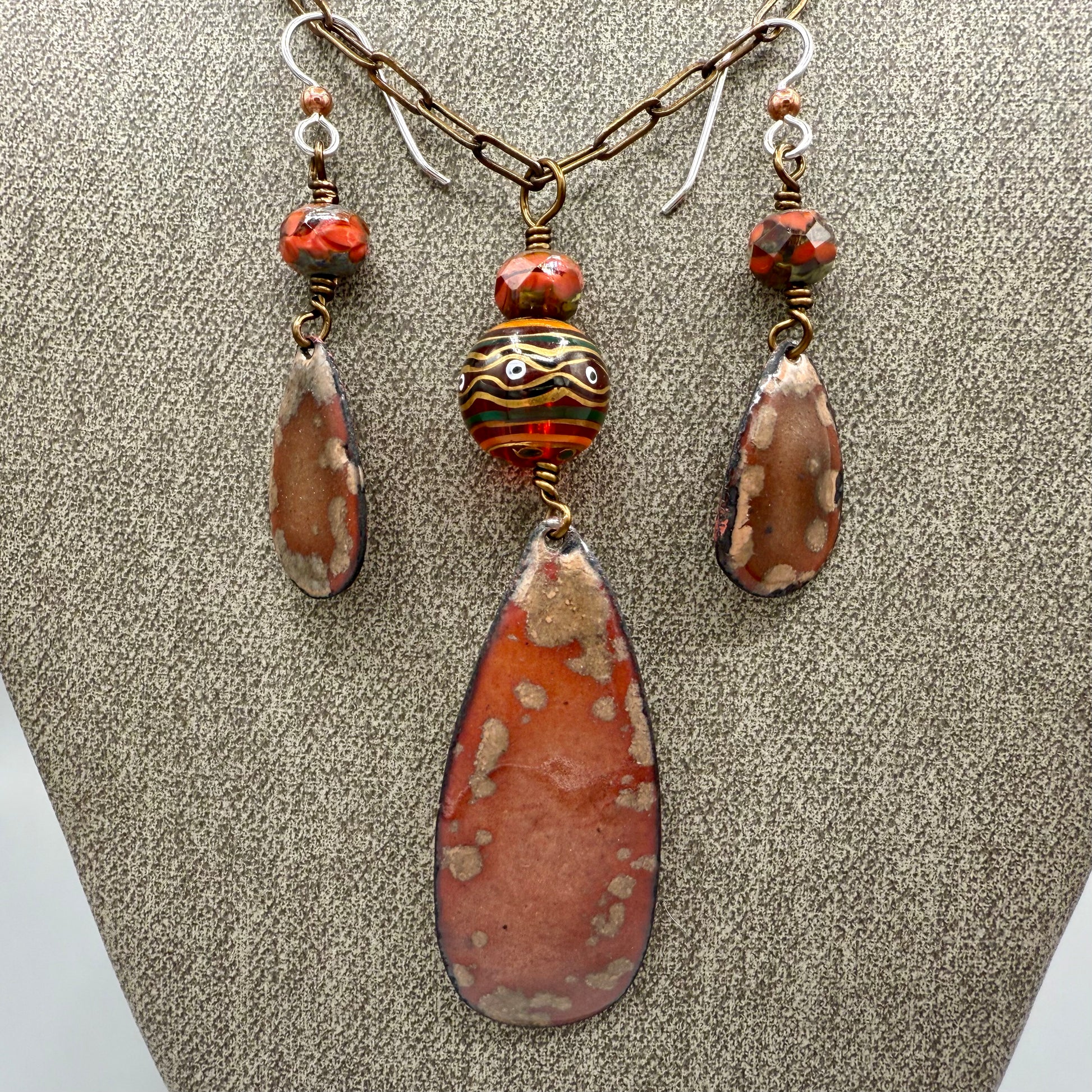 Enameled Copper Necklace and Earring Set