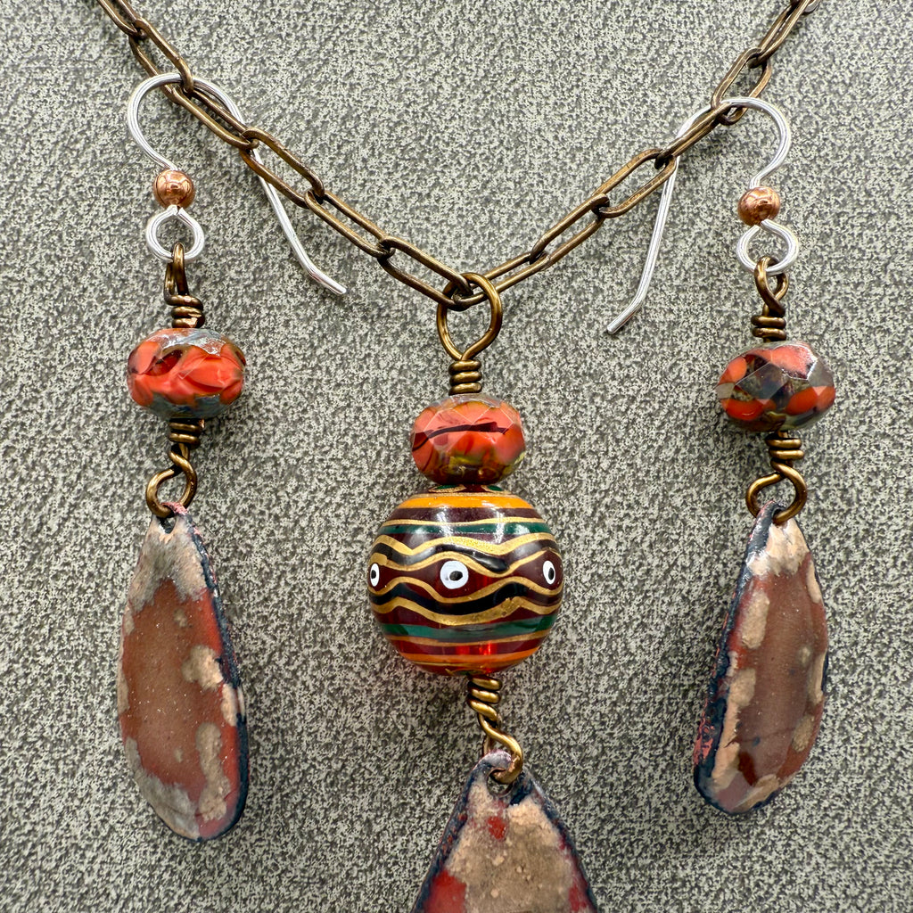 Enameled Copper Necklace and Earring Set