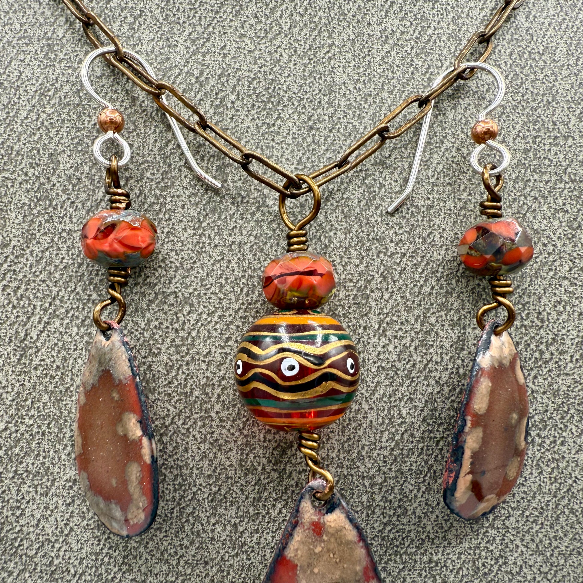 Enameled Copper Necklace and Earring Set